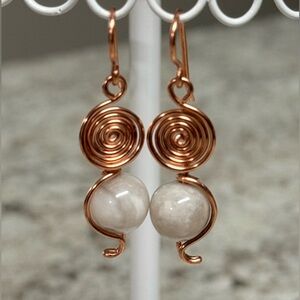 White Agate Rose Gold Copper Spiral Earrings